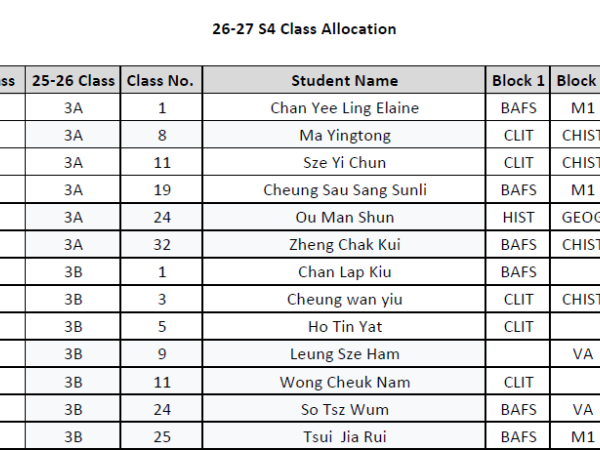 2026-2027 S4 Class Allocation